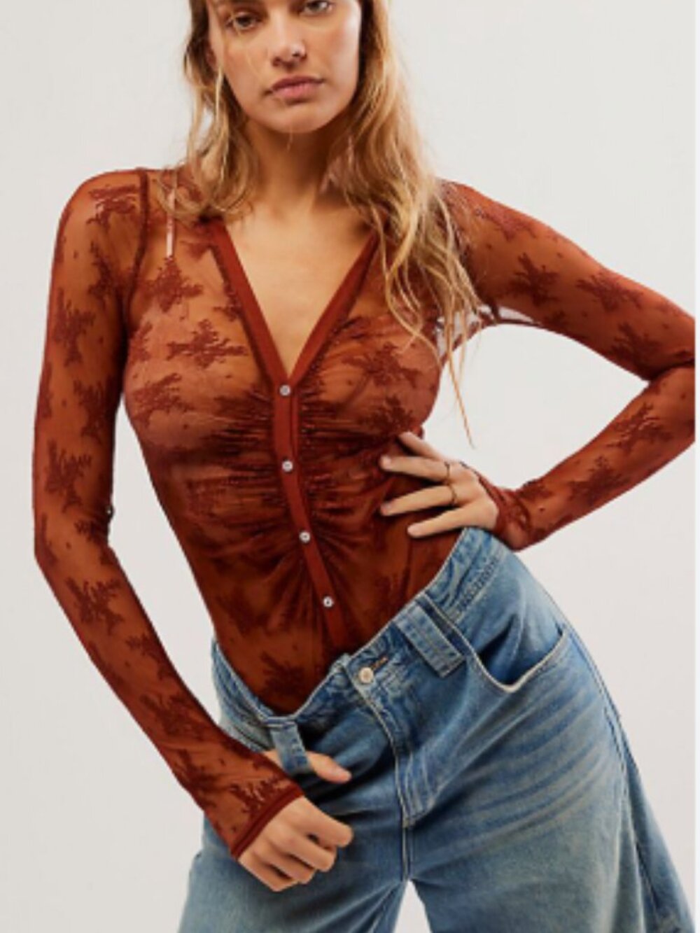Sheer Lace Ruched V-Neck Long Sleeve Bodysuit in Rust